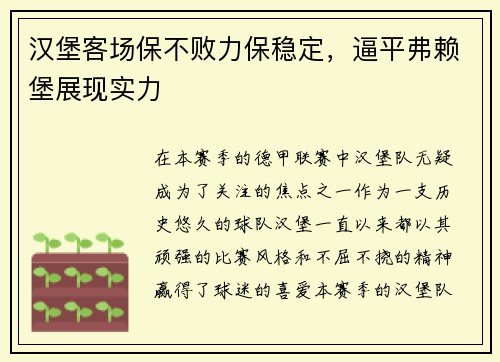 汉堡客场保不败力保稳定，逼平弗赖堡展现实力