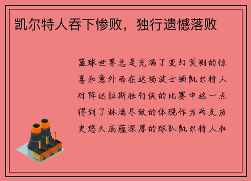 凯尔特人吞下惨败，独行遗憾落败