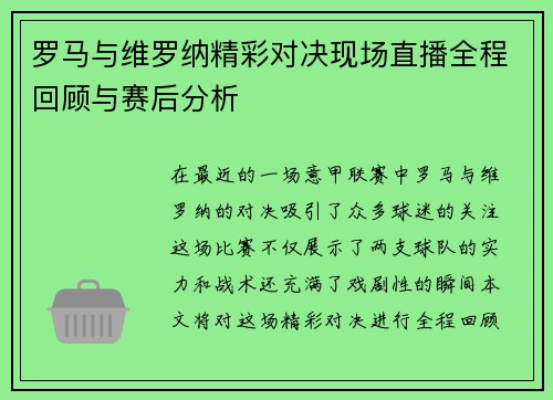 罗马与维罗纳精彩对决现场直播全程回顾与赛后分析