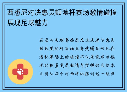 西悉尼对决惠灵顿澳杯赛场激情碰撞展现足球魅力