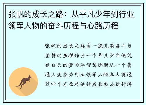 张帆的成长之路：从平凡少年到行业领军人物的奋斗历程与心路历程